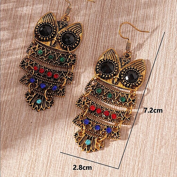 2 FOR $20 Vintage Gold Multicolor Rhinestone Owl Earrings - Picture 6 of 7